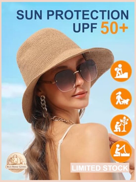 Handmade Foldable Straw Bucket Hat UPF 50+ Summer Travel Crochet Cap